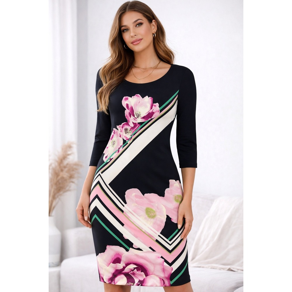 ECI New York Floral Sheath Dress 3/4 Sleeve Stretch Zipper Back Woman 8‎